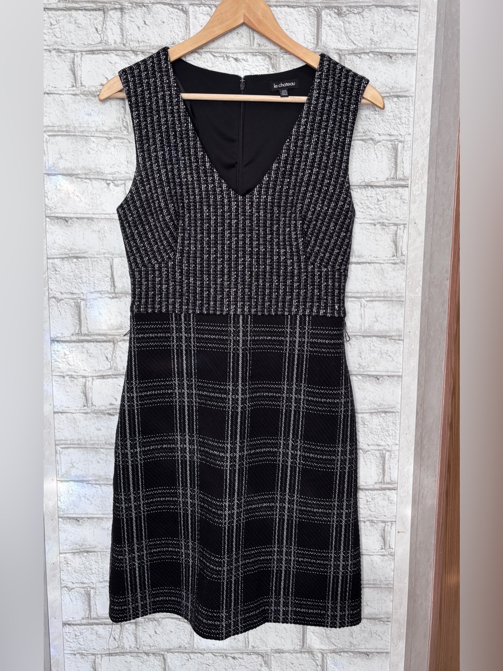 le chateau Black & White V-Neck Plaid Sheath Dress